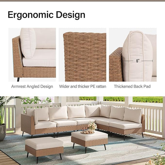 LAUSAINT HOME 9 Pieces Outdoor Patio Furniture Set with 43" Propane Gas Fire Pit Table, Outdoor Sectional Sofa PE Rattan Wicker Patio Conversation Sets with Thick Cushions(Beige