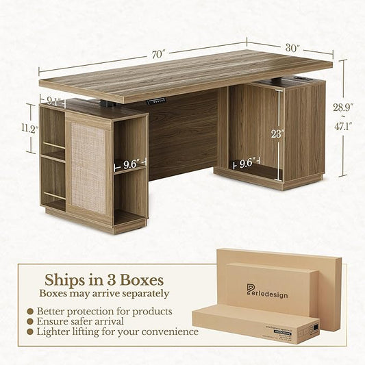70" Standing Desk with Storage, Executive Electric Height Adjustable Stand Up Desk with AC/USB and Privacy Panel, Large One-Piece Destop, Rattan Computer Desk for Home Office, Natural Oak