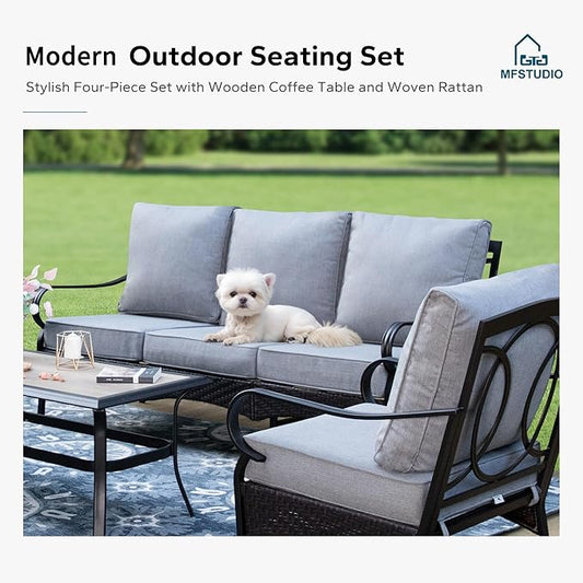 MFSTUDIO 4 Pieces Outdoor Patio Furniture Set, Metal Outdoor Conversation Set, Rattan Wicker Patio Sectional with 2 x Swivel Single Sofa, 3-Seat Sofa, 1 x Coffee Table, Grey