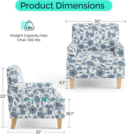LINSY Floral Accent Chair, Large Armchair with Rubberwood Legs, Mid Century Upholstered Reading Chair, Comfy Oversized Single Sofa Chair for Living Room Bedroom Office Study, Floral Blue