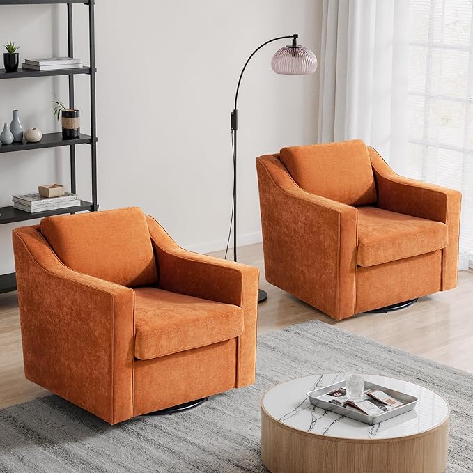 UIXE Swivel Accent Chair, Chenille Fabric Upholstered Arm Chair for Living Room, Modern Club Armchair Comfy Single Sofa Bedroom Reading Seat with Lumbar Pillow - Orange