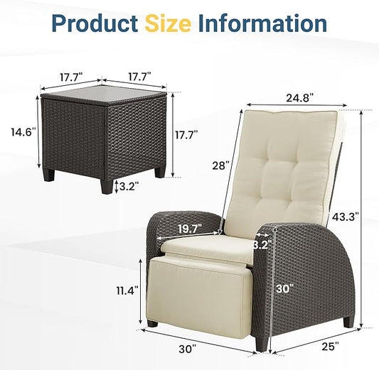 Outdoor Patio Recliner with Independently Adjustable Backrest and Footrest, All-Weather Wicker Patio Chair with Side Table, 160° Lay Flat Patio Reclining Lounge Chair for Backyard Garden, Beige