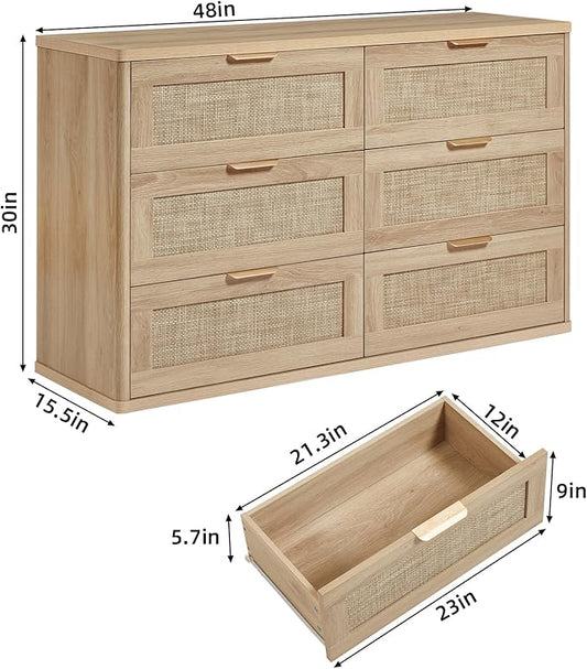 LEYAOYAO Rattan Dresser for Bedroom Set of 2, Boho 48" Wide 6 Drawer Dresser Chest of Drawers, Natural Wood Dressers TV Stand with Metal Handle, Storage Dressers Organizer for Living Room, Hallway