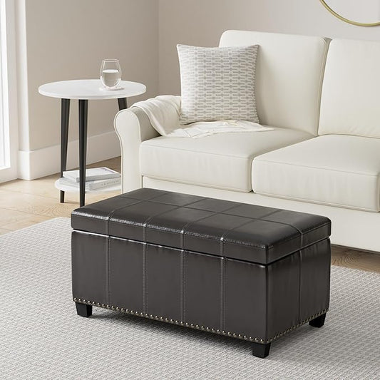 SIMPLIHOME Amelia 33 inch Wide Transitional Rectangle Storage Ottoman Bench in Midnight Black Vegan Faux Leather, Assembled, For the Living Room, Entryway and Family Room