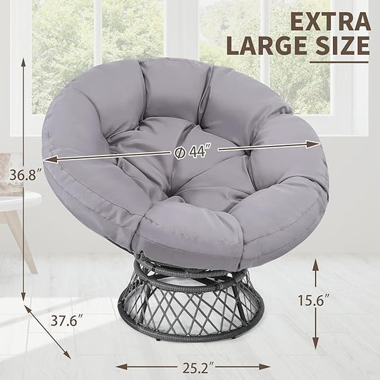 46" Giant Oversized Rattan Papasan Chair with Cushion and Frame for Adults, Fluid 360° Swivel, Waterproof, Grey Frame with Light Grey Cushion