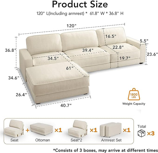 Sunny Heart 120" L-Shaped Modular Sectional Sofa, Oversized Cloud Couch with Movable Ottoman, 4-Seat Chenille Deep Seat Sofa with Pillow, Sectional Couches for Living Room, Apartment, Beige