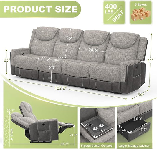 4 Seat Manual Reclining Sofa, Flip Middle Backrest 2-in-1 Recliner Couch with Large Storage Drawer, USB Ports & Cup Holders, Grey Linen & Leather 4 Seater Recliner Sofa for Living Room