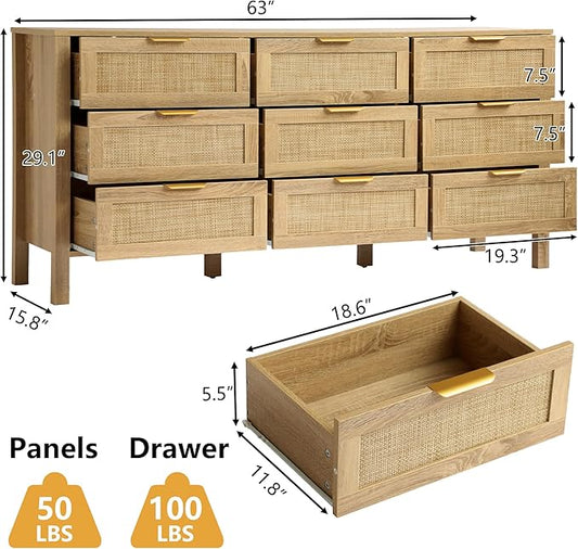 9 Drawer Dressers for Bedroom, Rattan Dresser with Drawers, Modern Wood Dresser with Metal Handles, Chest of Drawers for Bedroom, Living Room, Entryway (9 Drawer)