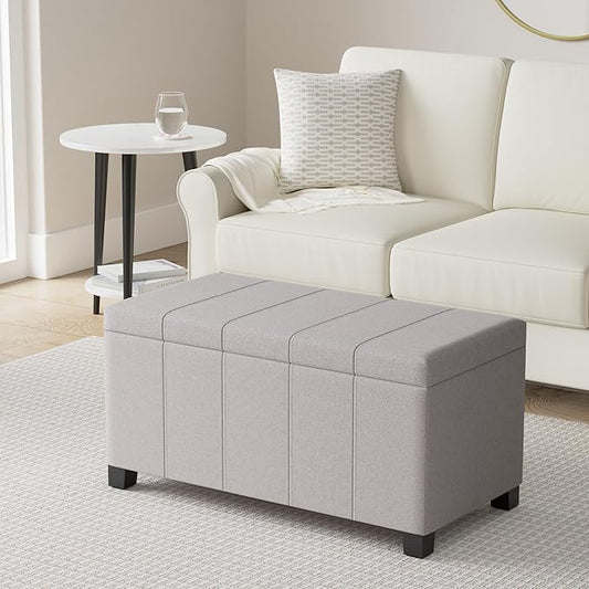 SIMPLIHOME Dover Storage Ottoman Bench - 36 inch Wide Upholstered Linen Look Fabric Rectangular Lift-Top Ottoman in Cloud Grey, Contemporary Bench for Living Room with Safety Hinges