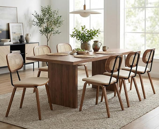Mid-Century Dining Chairs Set of 6, PU Leather Kitchen Chairs with Rattan Backrest Wooden Legs Armless Design for Dining Room Living Room, Beige
