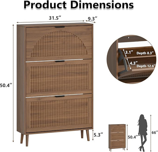 Shoe Cabinet for Entryway with 3 Flip Drawers, Slim Wooden Shoe Storage Organizer with Modern Fluted Pannel,Freestanding Narrow Hidden Shoe Rack for Hallway, Foyer, Living Room