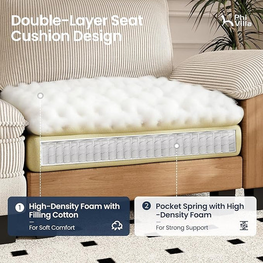 PHI VILLA Cloud Oversized Sectional Sofas, Single Sofa with Deep Seat, Lounge Sofa with Ottoman for Living Room Reading Nook, Chenille Corduroy Dual Fabric, Beige