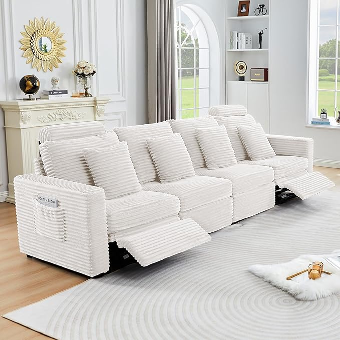 ORRD Power Reclining Sectional Sofa, Electric 4 Seat Recliner with 2 Electric Footrest and Adjustable Headrest, Modern Plush Corduroy Fluffy Modular Sectional with Deep Seat for Living Room-White