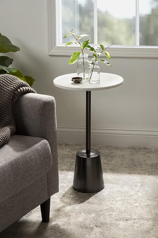 Kate and Laurel Tira Round Side Table, 14 x 14 x 24, White and Gray, Decorative Pedestal Style End Table for Use as a Bedroom Nightstand or Living Room Accent