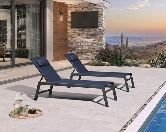 PURPLE LEAF Outdoor Oversized Lounge Chair Set of 3 Patio Chaise Pool Lounger Aluminum Frame with Side Table and Wheels for Outside Sunbathing Tanning Recliner Including Pillows Navy Blue