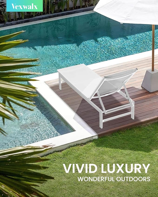 Outdoor Lounge Chairs Set of 2 for Pool, Aluminum Chaise Lounge Chairs with 5-Position Recliner, Patio Lounge Chair for Backyard, Poolside, Deck, Lawn, White