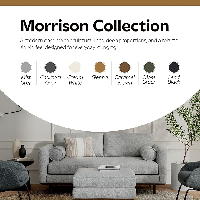 SIMPLIHOME Morrison Mid-Century Modern 72 inch Wide Sofa with Ottoman Set in Mist Grey Tightly Woven Performance Fabric for the Living Room and Family Room