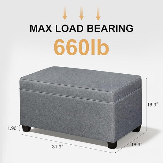 Adeco 31 Inches Storage Ottoman Bench, Non-Folding End of Bed Foot Rest Stools Ottoman with Thicker Foam Padded Seat, Upholstered Storage Chest for Living Room, Entryway, Bedroom