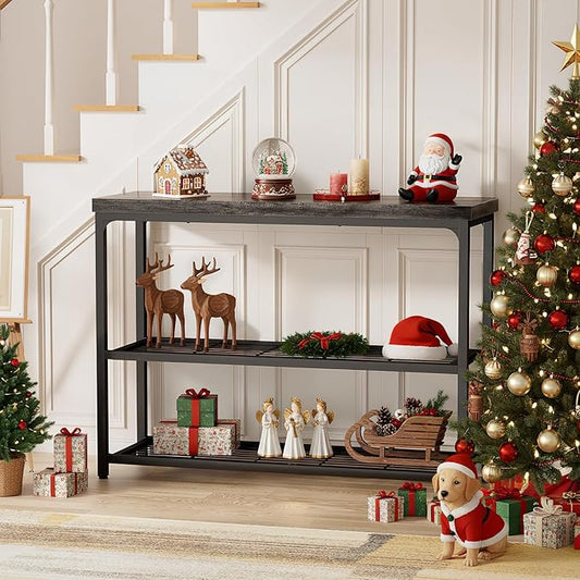 47" Console Table with Storage, 3-Tier Narrow Entryway Table, Sofa Table with Mesh Shelves, Console Tables for Living Room, Bedroom, Hallway, Entryway, Foyer, Oak Grey
