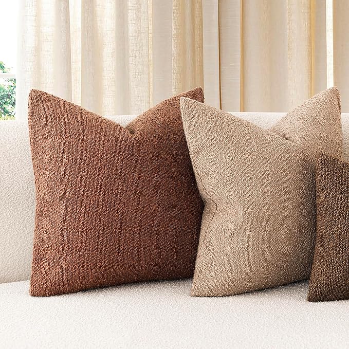 Foindtower Set of 2, Decorative Textured Boucle Throw Pillow Covers Accent Solid Pillow Cases Neutral Soft Cozy Couch Cushion Case for Chair Sofa Bedroom Living Room Home Decor 24x24 Inch Red Taupe