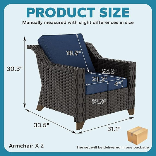 Patio 2 Pieces Wicker Chairs Set of 2,Outdoor PE Rattan Armchairs, Water-Resistant Cushions with Removable and Washable Covers, Porch, Balcony, Sunroom (Navy Blue)