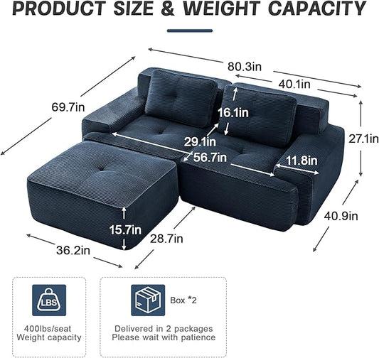 80.3” Blue Boneless Couches for Living Room, Modular Sectional Sofa with L-Shape Chaise, 2 Seater Comfy Upholstered Loveseat Deep Seat Corduroy Fabric Cloud Couch No Assembly, Anti-Slip Design