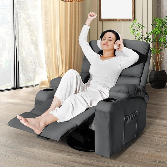 LEVELEVE Rocking Recliner Chair, Massage Rocker Recliner Chair with Vibration Massage and Heat, USB and Type-C Ports,360° Swivel Faux Leather Chairs, Living Room, Bedroom, Nursery, RV, Dark Grey