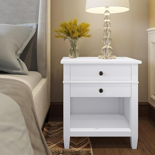 SIMPLIHOME Carlton Bedside Table - 24 inch Wide Solid Wood Nightstand Table in White, Transitional Bedroom Side or End Table with 2 Drawers, Open Storage Shelf and Bronze Hardware