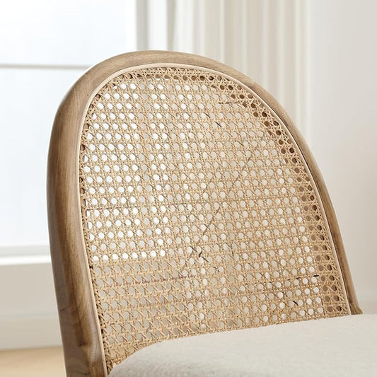 Rattan Dining Chairs Set of 6, Modern Dining Room Chairs with Cane Back Comfy Accent Sherpa Upholstered Boucle for Kitchen/Restaurant/Living Room, White