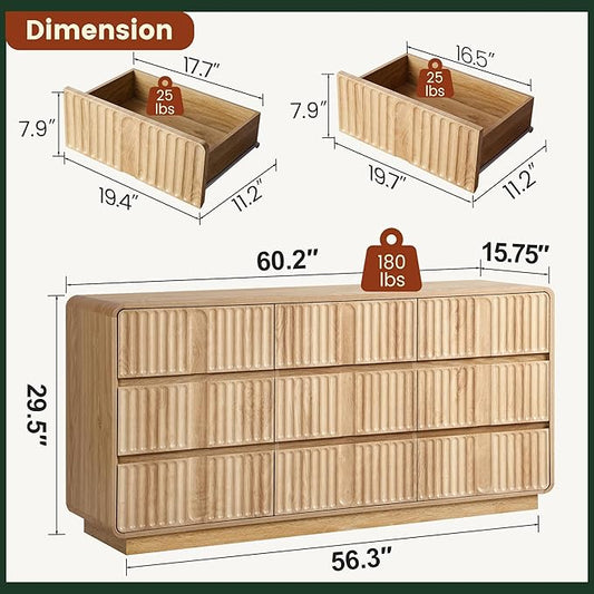 Fluted 9 Drawer Dresser for Bedroom, 60" Wide Modern Chest of Storage Drawers, Wood Dresser & Chest of Drawers with Curved Corners, Dressers TV Stand for Living Room (60" Natural 9 Drawer)