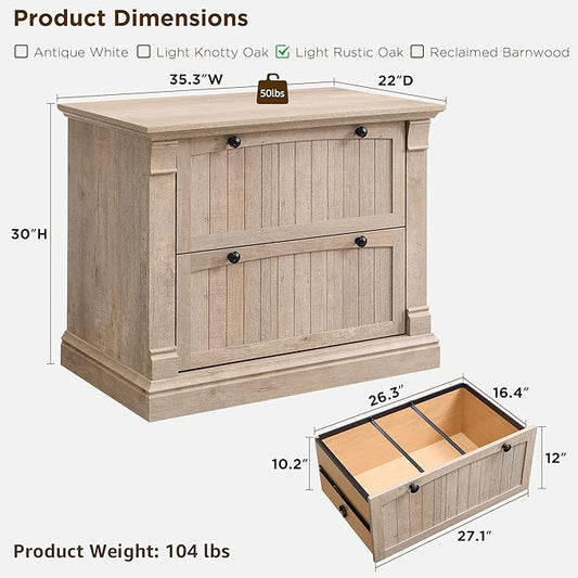 OKD Farmhouse File Cabinet with 2 Drawers, 35.3" Lateral Filing Cabinet with Hanging File Folders, Interlocking Drawers, Wood Rustic Storage Cabinet for Home Office, Living Room, Light Rustic Oak