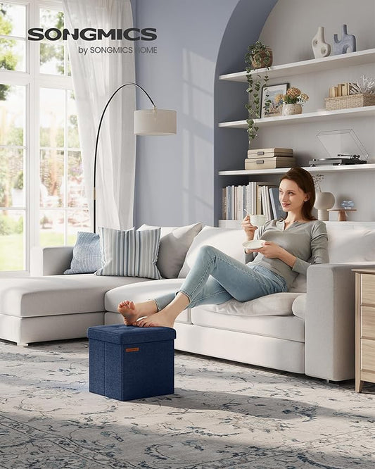 SONGMICS Storage Ottoman, Foldable Small Ottoman Foot Rest, 11.8 Inches Foot Stool, Cube Ottoman with Storage, Load up to 286 lb, for Living Room, Bedroom, Dorm, Midnight Blue ULSF028Q02