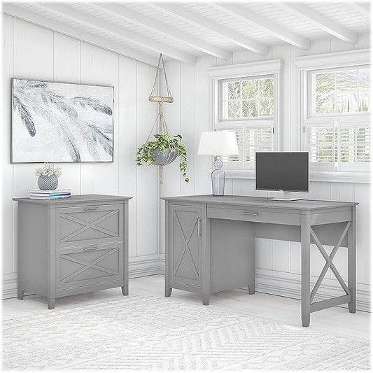 Bush Furniture Key West 54W Computer Desk with Storage and 2 Drawer Lateral File Cabinet in Cape Cod Gray