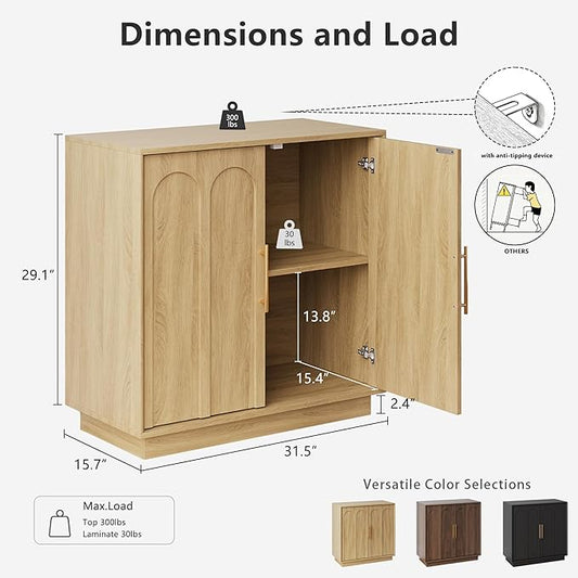 Sideboard Buffet Cabinet with Storage, Modern Accent Cabinet with Arched Doors, Boho Modular Media Console, 31.5" Minimalist Credenza for Living Room Kitchen Dining Room Entryway, Oak