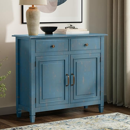 SIMPLIHOME Connaught 40-inch Wide Solid Wood Storage Cabinet in Distressed Coastal Blue for Entryway, Living Room, Organizer for Hats, Gloves, Shoes, Keys, Slim Design, Traditional Style