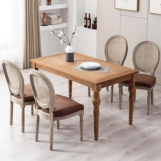 Farmhouse Leather Dining Room Chairs Set of 4 French Dining Chairs with Round Rattan Back French Bistro Chairs for Dining Room/Living Room/Kitchen/Restaurant, Brown