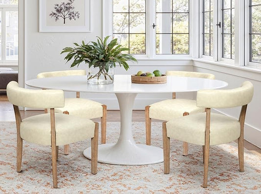 Modern Dining Chairs Set of 4, Faux Leather Upholstered Kitchen & Dining Room Chairs, Mid Century Modern Wooden Dining Chairs Oversized Sturdy Rounded Chairs Curved Back, Beige