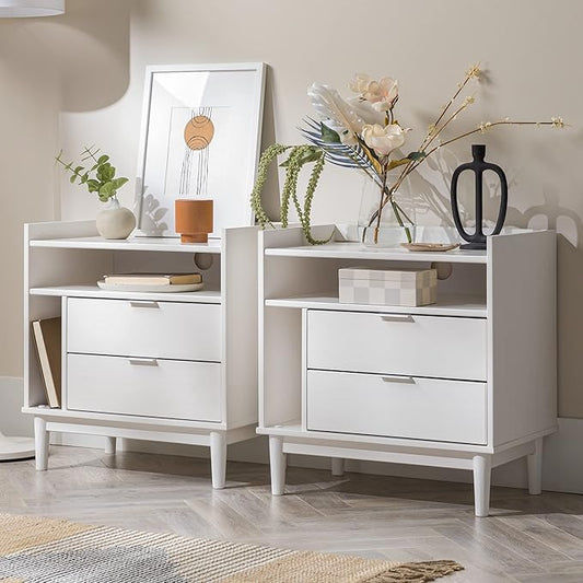 Walker Edison Mid-Century Modern Tray-Top Storage Nightstands Set of 2 White