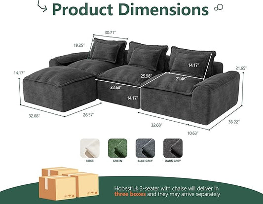 Hobestluk 120" Cloud Modular Sectional Couch 3-Seater Sofa with Ottoman L Shaped Sofa with Removable Cover Large Sofa Couch for Living Room (Dark Grey, 3-Seater Sofa with One Ottoman)