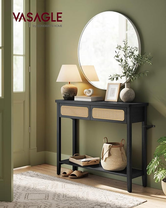 VASAGLE Console Table, Sofa Table, Narrow Entryway Table with 2 Drawers, Open Storage Shelf, Rounded Corners, for Living Room, Boho Style, Ash Black ULNT016B21