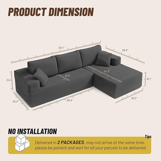 107" Boneless Couch with Deep Seat, Modular Sectional Sofa, Cloud Sectional Couch for Living Room, No Assembly Required, Corduroy, L-Shape Right,Grey