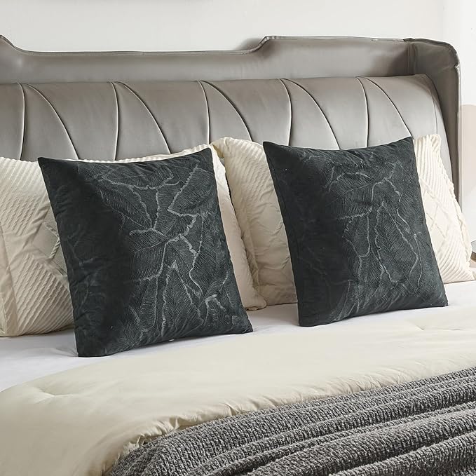 FUTEI Black Velvet Throw Pillow Covers 24x24 Inch Set of 2,Soft Embossed Leaf-Relief Textured European Cushion Cases,Natural Home Decor for Couch Living Room