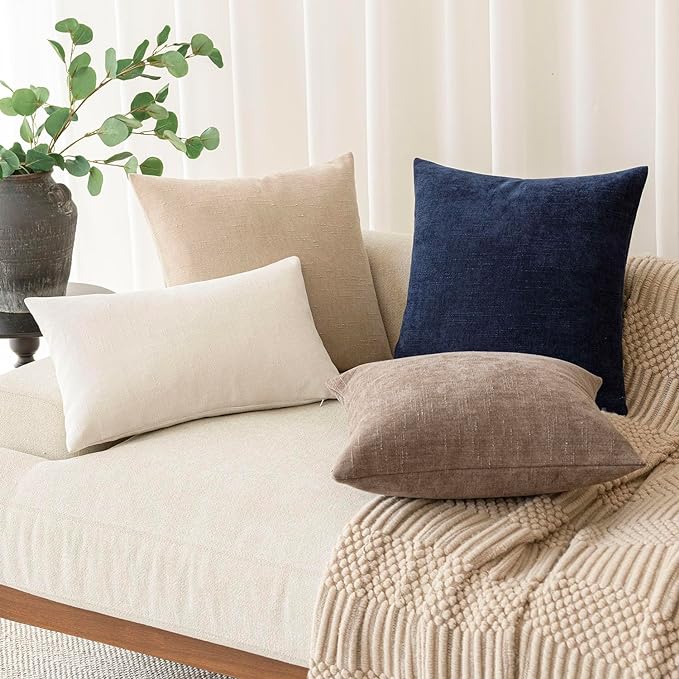 Foindtower Pack of 2 Soft Textured Chenille Throw Decorative Pillow Covers Square Accent Solid Cushion Cover Cozy Farmhouse Pillow Case with Zipper for Couch Sofa Bedroom Living Room 26x26 Inch, Taupe