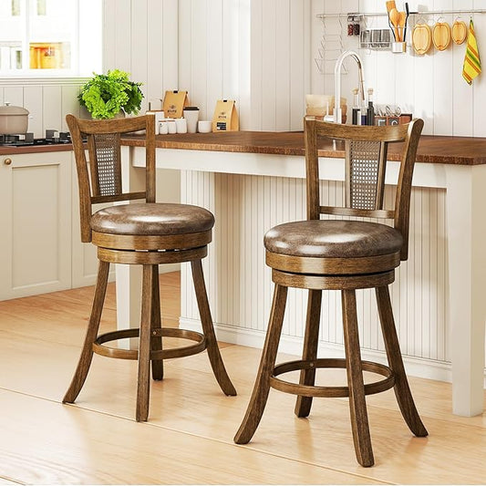 COSTWAY Counter Height Barstools Set of 2, 25” Solid Rubber Wood Swivel Counter Chairs with Faux Leather Seat, Curved PE Rattan Back, for Living Room & Kitchen Island, Brown (2, 25” Seat Height)
