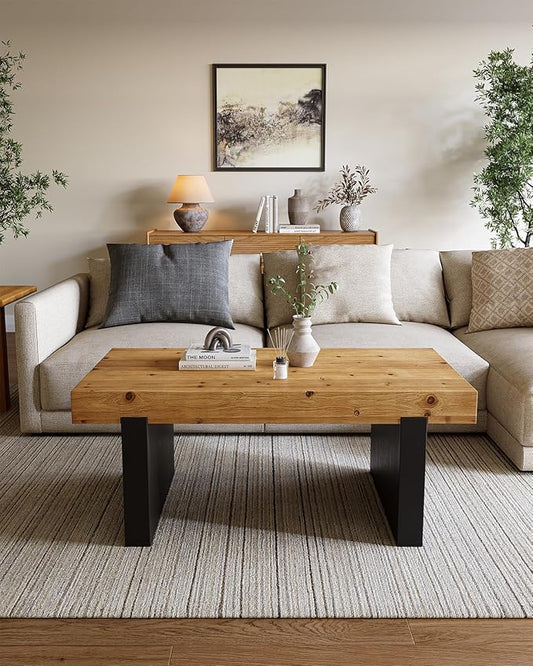 LITTLE TREE Solid Wood Coffee Table, 47.2" Center Table for Living Room, Black and Wood Two-Tone Modern Coffee Table, Rectangle Farmhouse Living Room Table for Bedroom, Easy Assembly, Rustic Natural