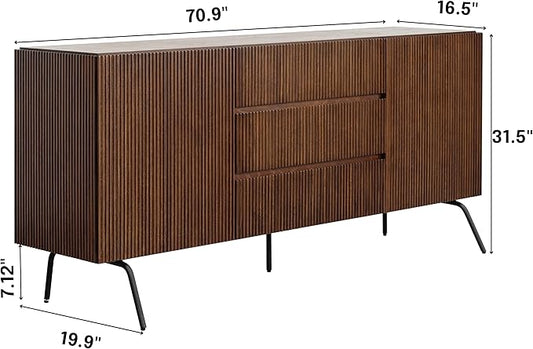 NTC Veil Large Sideboard with 2 Doors and 3 Drawers, Buffet Cabinet with Vertical Groove Design and Metal Legs, Storage Cabinet for Living Room, and Entryway, Effortless Assembly - Dark Walnut