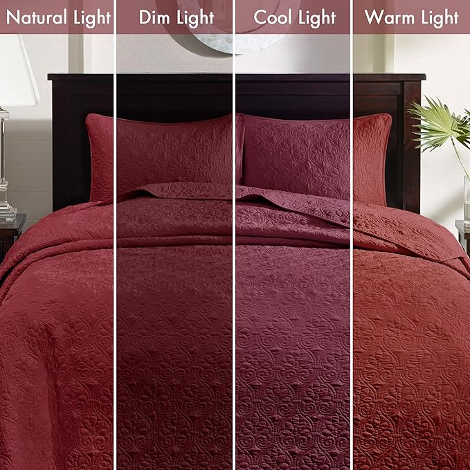 Madison Park Quebec Queen Size Quilt Bedding Set - Red , Damask – 3 Piece Bedding Quilt Coverlets – Ultra Soft Microfiber Bed Quilts Quilted Coverlet