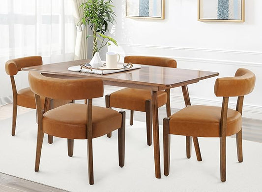 Modern Dining Chairs Set of 4, Faux Leather Upholstered Kitchen & Dining Room Chairs, Mid Century Modern Wooden Dining Chairs Oversized Sturdy Rounded Chairs Curved Back, Brown