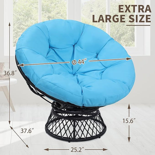 46" Giant Oversized Rattan Papasan Chair with Cushion and Frame for Adults, Fluid 360° Swivel, Waterproof, Black Frame with Blue Cushion