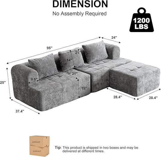 95" Modern Cloud Sectional Sofa Couch, Modular L-Shaped Sofas with Deep Seat and Chaise Ottoman, Chenille Boneless Tufted Couches for Living Room, No Assembly Required, Grey